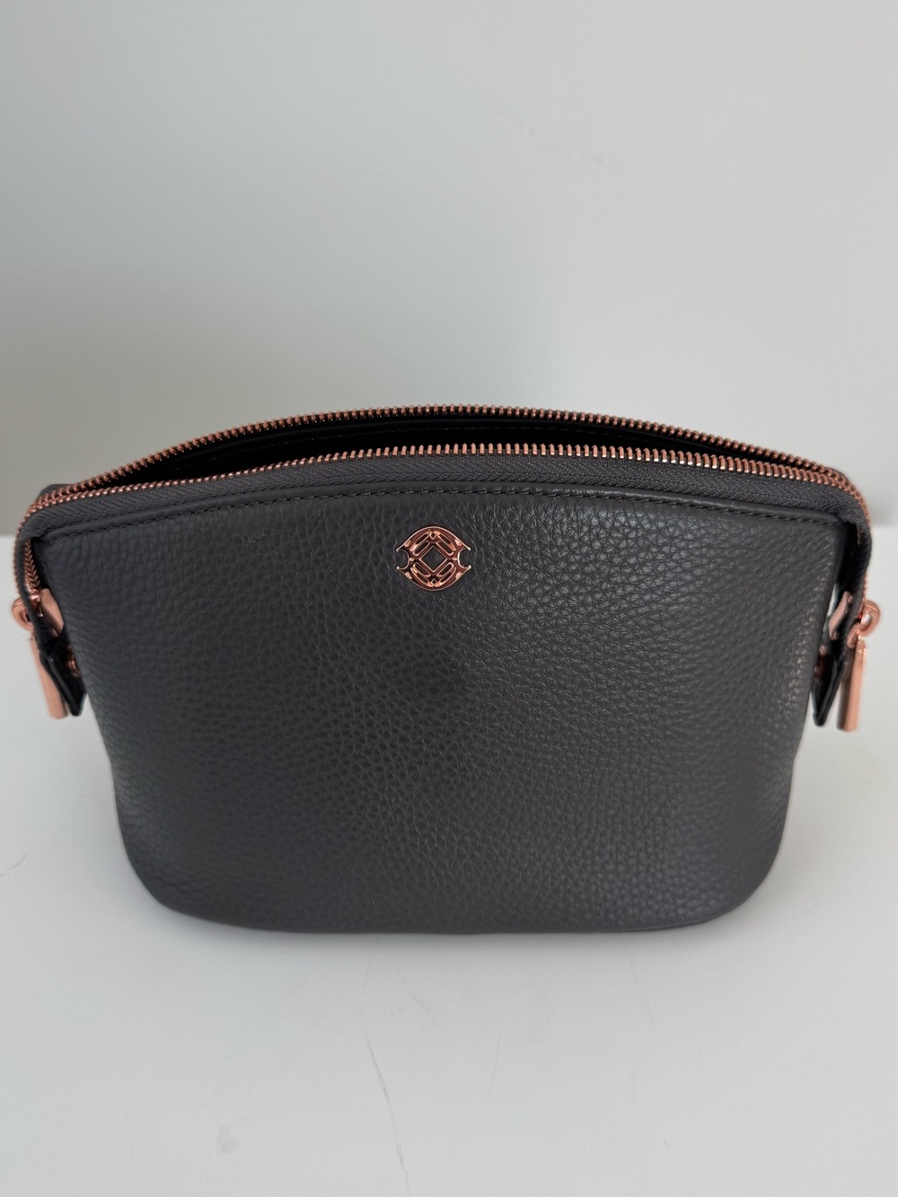 Dagne Dover Graphite Pebbled Leather Cosmetic Pouch with Rose Gold Hardware